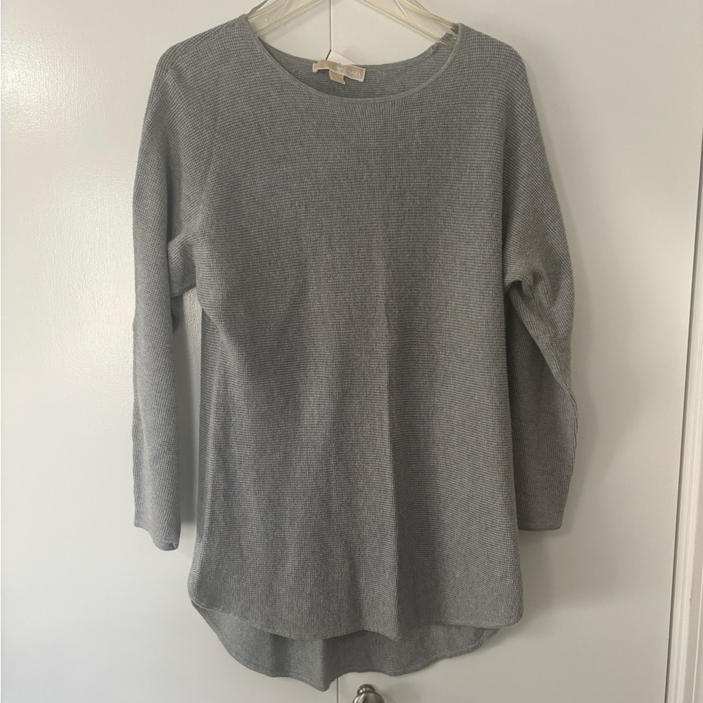 MICHAEL KORS Gray Waffle Knit Tunic Sweater L Hi-Low 3/4 Dolman Sleeve EUC